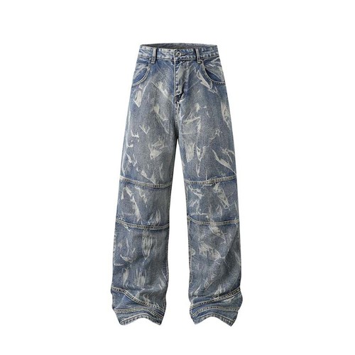 Men's XL Street Fashion Hip Hop Inkjet Washed Distressed Stitching Straight Jean - Picture 4 of 10