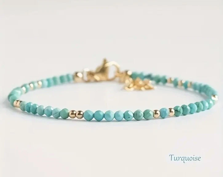 ✅ Türkis Edelstein Armband Blau-Gold Natürliche Stein Perlen Kette 3mm Damen ✅ - Bild 3 von 4