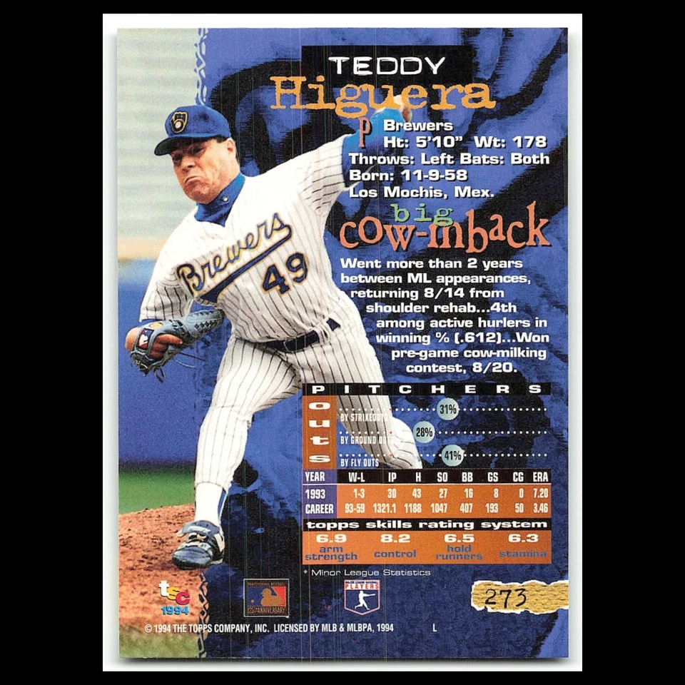Teddy Higuera #273 1994 Topps Stadium Club Milwaukee Brewers Baseball Card MLB - Image 2 of 3