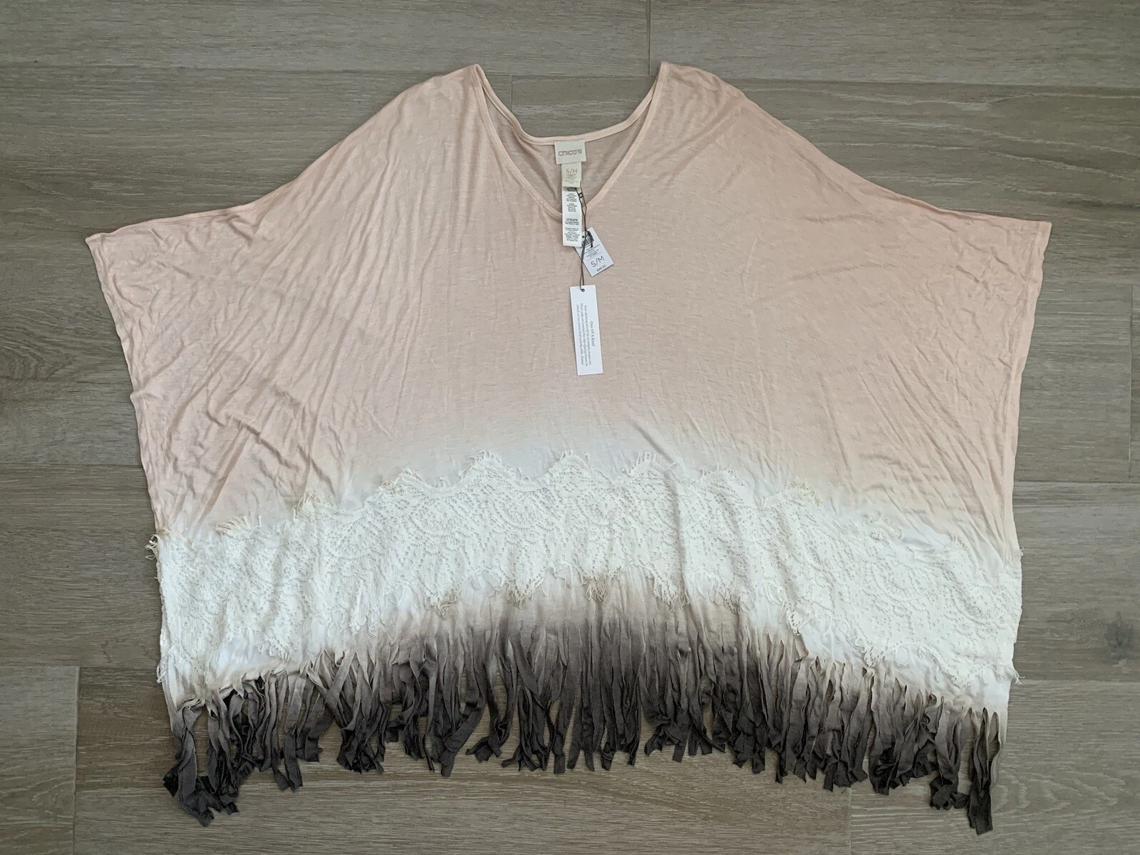Chicos S/M Felicity V-Neck Fringe Lace Poncho Cape Wrap Boho Veranda New NWT $99