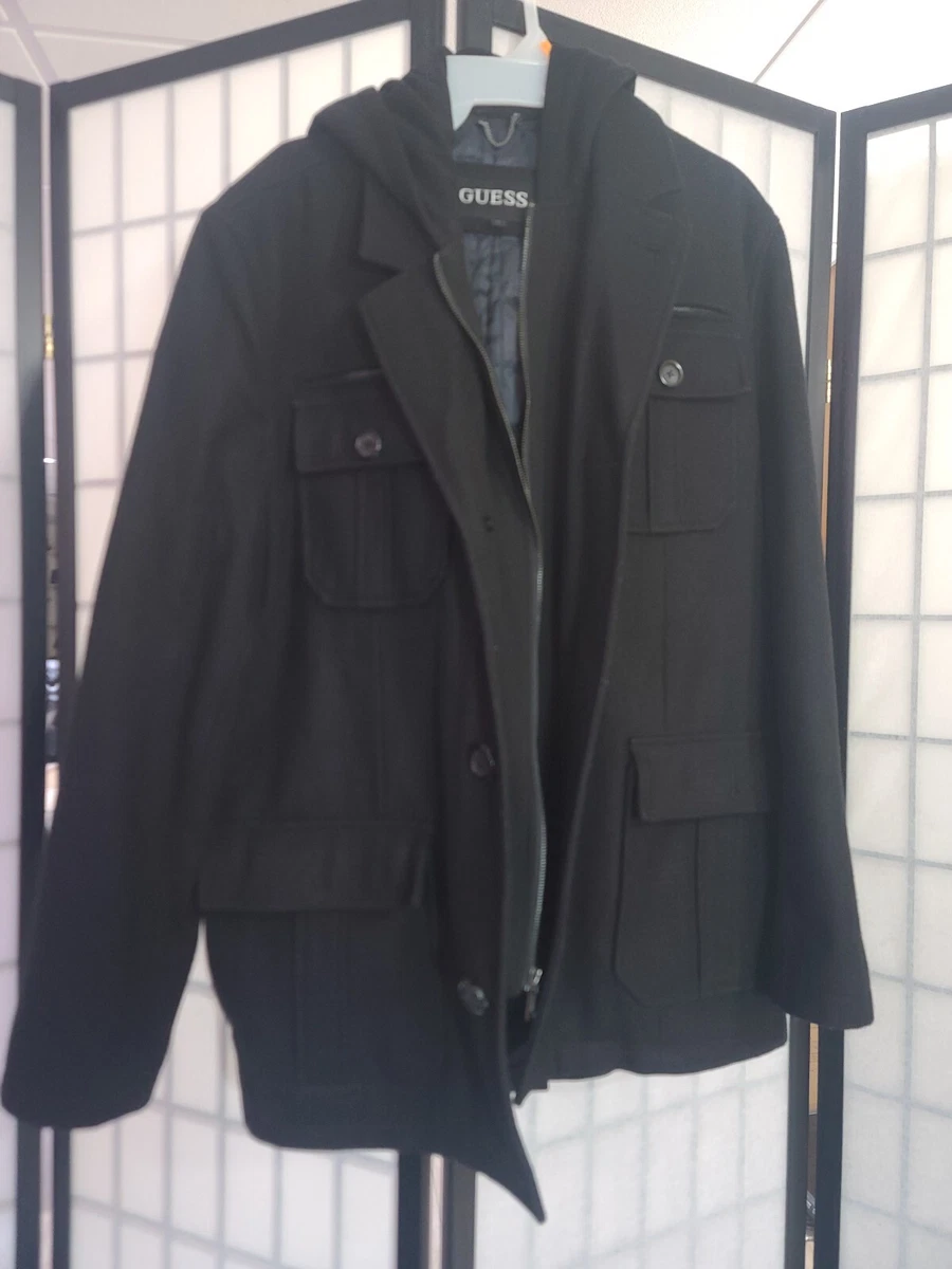 GUESS Four Pocket Wool Hooded Lined Jacket Coat Black Winter Men s