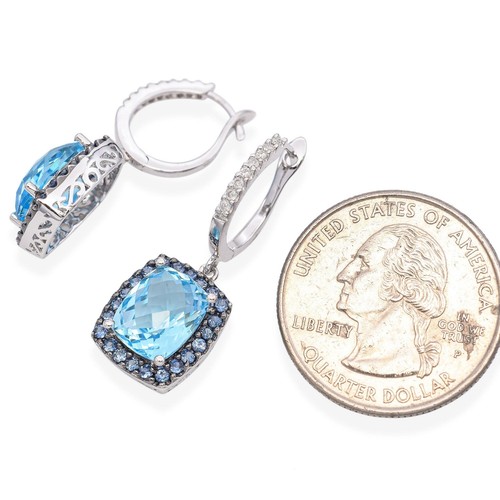 18K White Gold 7.4 Ct. Blue Topaz, Diamond, Sapphire Halo Drop Earrings - Picture 5 of 6