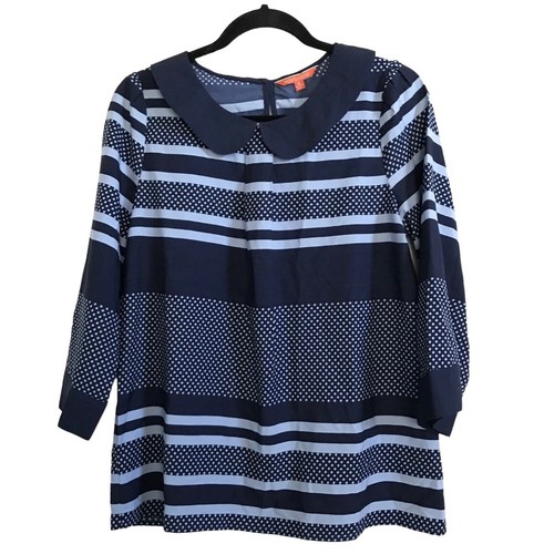 MODCLOTH Womens Blouse Top Peter Pan Color Striped Polka Dot Blue Sz Small