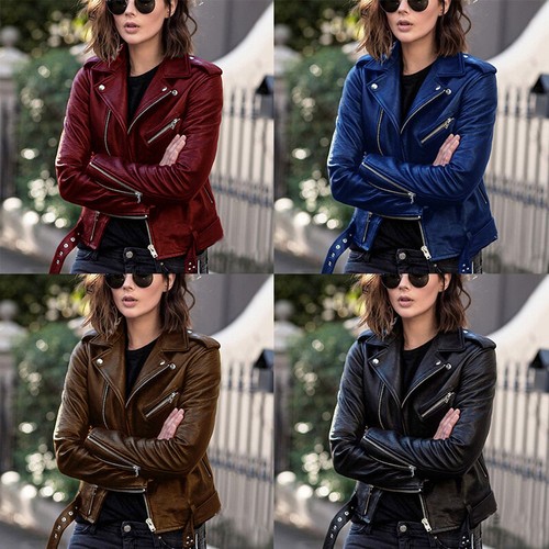Women's Faux Leather Jacket Flight Coat Zip Up Biker Punk Lapel Tops Outerwear - Bild 3 von 17