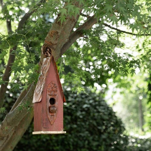 Rustic Brown Solid Wood & Iron Perch Metal Roof Bird House Hanging - Picture 3 of 4