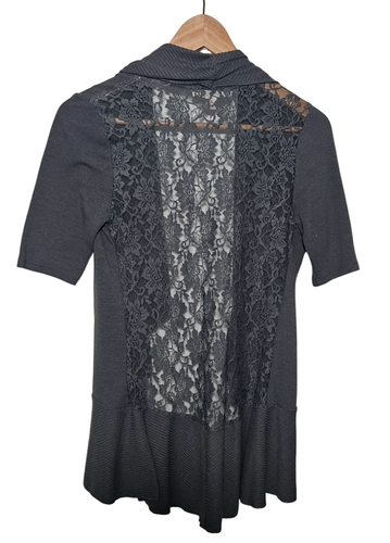 Decree Women's size M Drapey Rib Knit Hem Lace Back Open Cardigan Sweater Gray - Picture 4 of 11