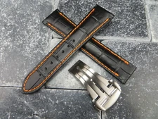 22mm Leather Strap Black Watch Band Deployment Buckle Set for OMEGA Orange BR