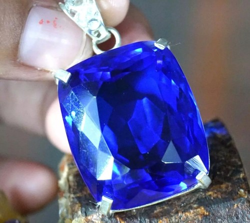 Natural 93.21 Ct Certified Blue Cushion 925 Solid Silver Pendant Loose Gemstone - Picture 2 of 7