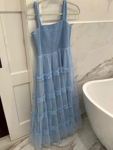 Pink Blush Maternity Smocked Tulle Ruffle Dress - Light Blue Size M