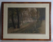 Hochwertige Radierung Lithographie Uferlandschaft Bäume Bach See Ufer signiert