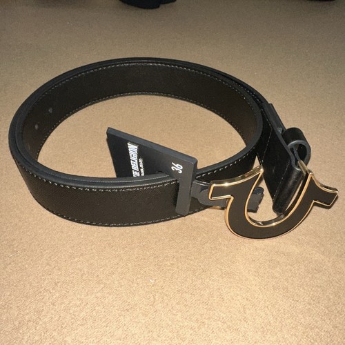 True Religion Mens Belt Size 36 Sage II Enamel Horseshoe Black/Gold buckle - Picture 3 of 7