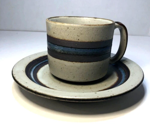 Otagiri Horizon Mug and Saucer Stoneware 3" Blue & Brown Stripe Vintage Japan