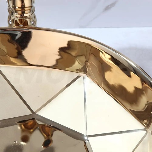 Golden Plated Ceramic Round Bathroom Combine Faucet Set Lavatory Washbasin Sink - Picture 13 of 23