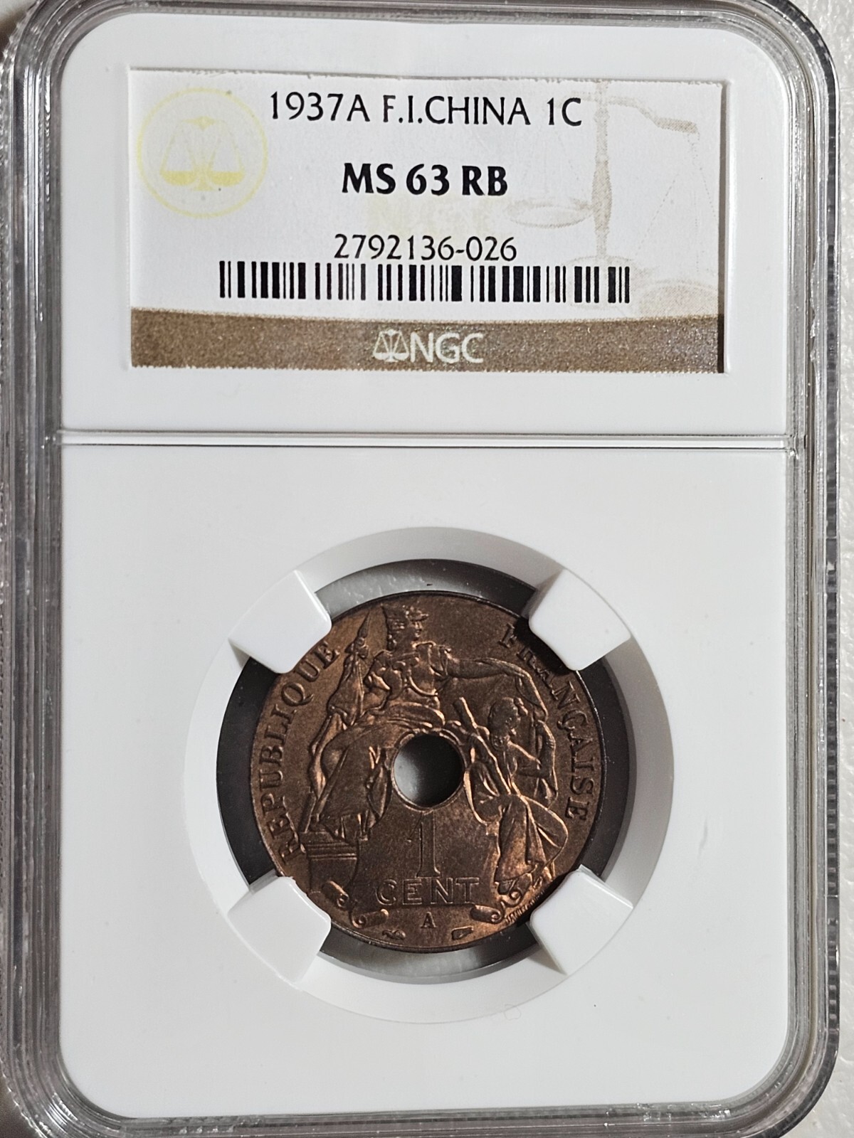 French Indochina 1 Cent 1937A NGC MS 63 RB