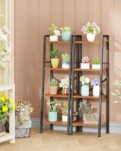 4 Tier Ladder Bookshelf Narrow, Metal Wooden Ladder Shelf Bookcase with 2 Hooks, - Picture 6 of 8