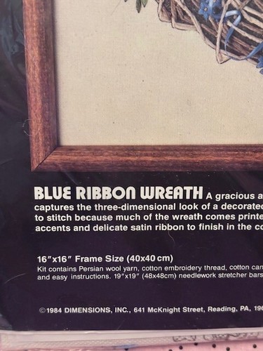 Dimensions Blue Ribbon Wreath by Karen Avery Crewel Kit 16x16 #1270 NEW - Picture 3 of 3