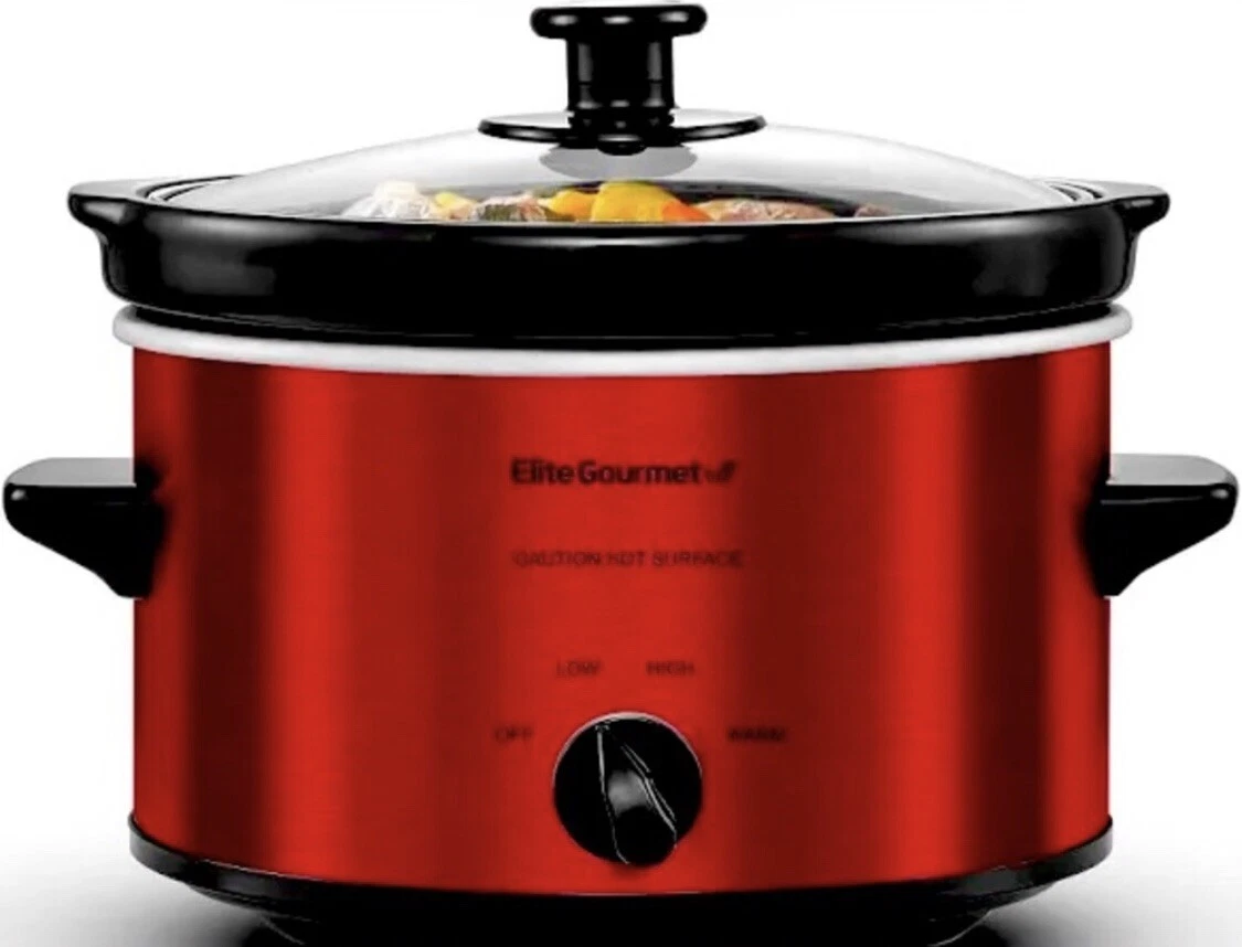 2Qt Electric Slow Cooker Glass Lid Metallic Red Kitchen Cooking Natural Meals