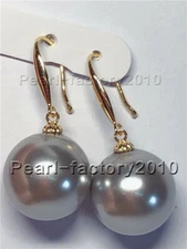 HOT 16mm Perfect round AAAA+ Gray South Sea Shell Pearl Earrings 14K Gold