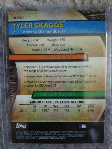 2012 Bowman Best Chrome Prospects RC Tyler Skaggs Angels Auto Signed Card IP bbp - Picture 3 of 3