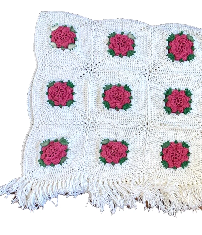 Handmade Crochet Quilt Rosettes Pink White Knit Afghan Blanket Throw Flowers - Image 2 of 4