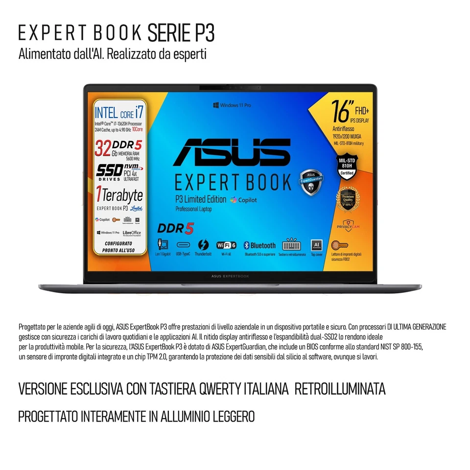 ASUS Expertbook P3 i7-13620H 16" FHD+ DDR5 32Gb, 1Tb,Tastiera retroilluminata, - Immagine 2 di 4
