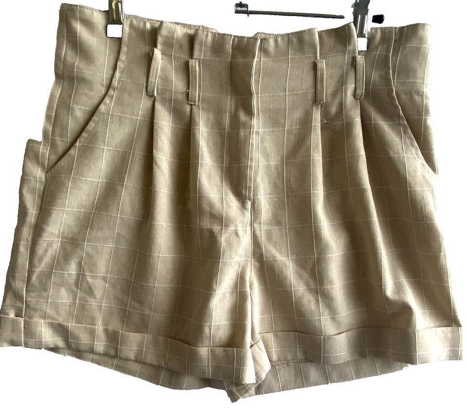 Dotti Ladies High Waisted Shorts Sz 10 Pleated Tailored, Sandy Beige Grid Check