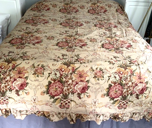 Ralph Lauren Guinevere Medieval Ruffled Flat Sheet Tan Floral Sateen VTG Queen