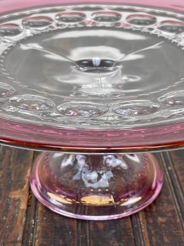 Vintage King’s Crown Pink Flashed Thumbprint Pedestal Cake Stand – Tiffin Glass - Picture 2 of 7