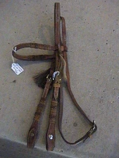 COWBOY TACK DENNIS MORELAND LEATHER AND RAWHIDE BRAIDED BROW BRIDLE HEADSTALL