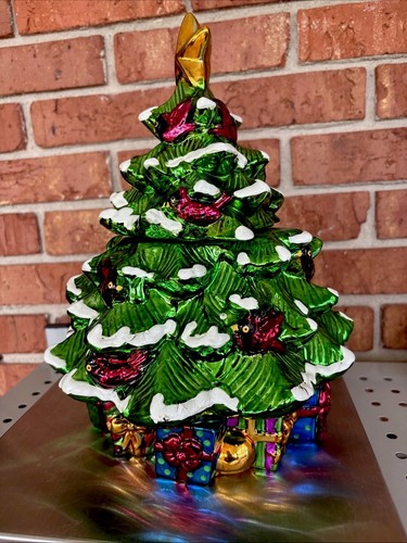 DAVID’s COOKIES Green Metallic Christmas Tree With Cardinals Cookie Jar 12 X 9 - Picture 5 of 13