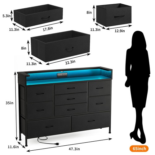 Black LED Dresser, Dresser with 9 Drawers and Charging Station, Fabric Chest ... - Picture 2 of 8