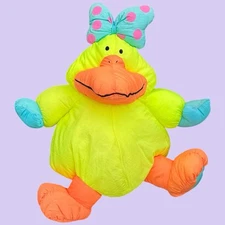 Vtg Yellow Neon Duck Stuffins Stuffed Animal Nylon Plush 16" Blue Bow Korea 80s
