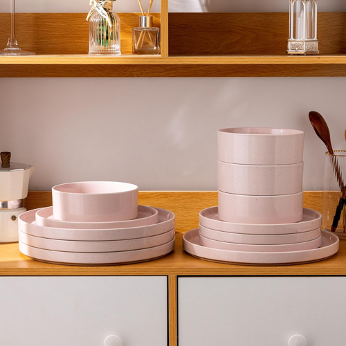 Ceramic Dinnerware Set for 4 | Speckled Stoneware Plates and Bowls with Unglazed - Picture 7 of 12