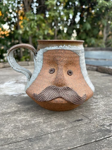 Vtg Stoneware Pottery Mustache Man Mug