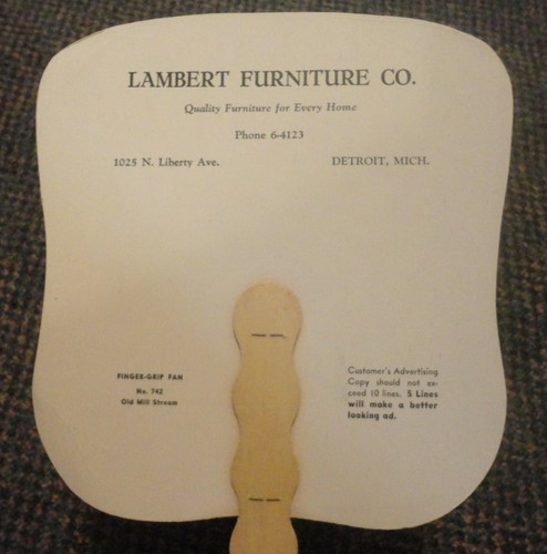 c1950s Detroit Michigan Lambert Furniture Co ad Handventilator - 1025 N Liberty Ave - Bild 1 von 2