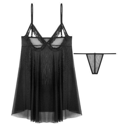 Women's Sheer Pajamas Sheer Lingerie Set Nightwear Mesh Cupless Micro Thong Set - Picture 4 of 32