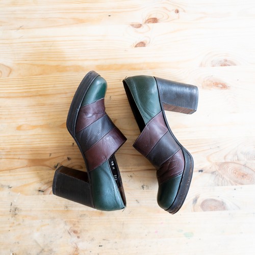 Vintage 60s/70s Leather Green Brown Color Block Heels Made In Italy - Picture 2 of 9
