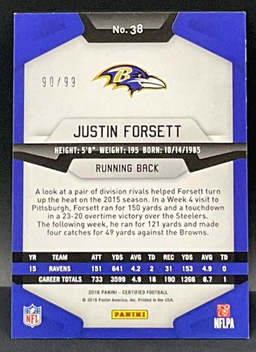 2016 Panini Certified #38 Justin Forsett Baltimore Ravens /99 Mirror Red - Picture 2 of 2