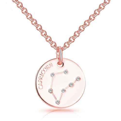 Rose Gold Plated Capricorn Zodiac Star Sign Disc Necklace Created with Zircondia - Picture 2 of 8