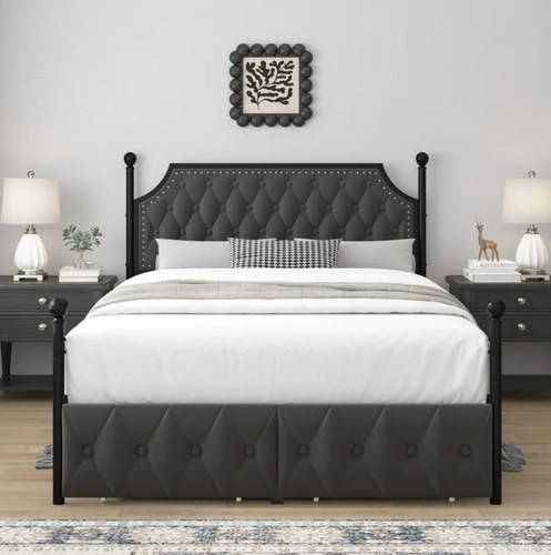 Full Size Canopy Bed Frame Dark Gray Tufted Headboard Modern Bedroom Furniture - Picture 3 of 8