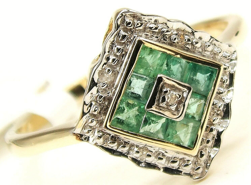 9ct gold ring emerald diamond cluster size p 9 carat yellow gold art deco boxed