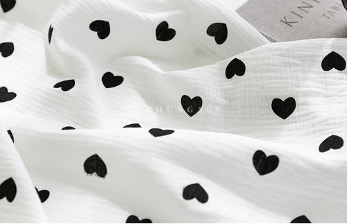 Heart Print Cotton Gauze Fabric Bio-Washed Korean Designer Material 53"W - Picture 5 of 9