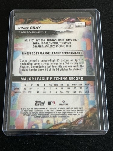 Sonny Gray 2024 Topps Finest Uncommon Blue /150 St. Louis Cardinals #136 - Picture 2 of 2