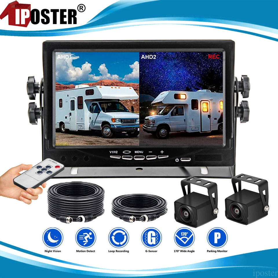 7" Split 2 Screen DVR Monitor 1080P 2x 4PIN Rear View Backup Camera 12-24v Truck - Image 3 of 4