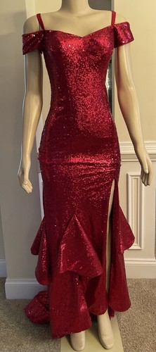 Womens Red sequence Gown Cocktail Prom Wedding Evening Formal Ball Size S
