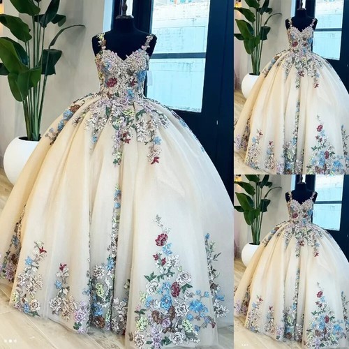 Cubic Floral Quinceanera Dresses Straps Sweet 16 Glitter Princess Prom Ball Gown - Picture 1 of 4