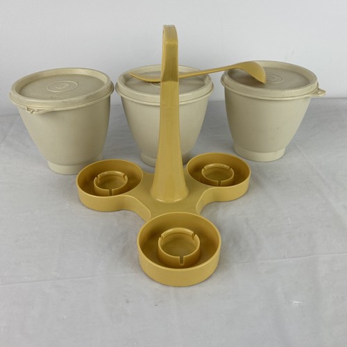 Vintage Tupperware 3 Cup Condiment Dressing Caddy #757-9 w Bowls, Lids,1 Spoon - Picture 3 of 3