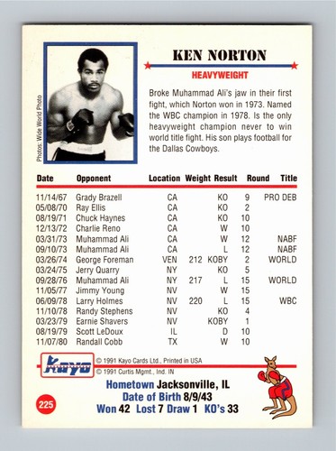 Ken Norton 1991 Kayo #225 HOF NM-MT - Picture 2 of 2
