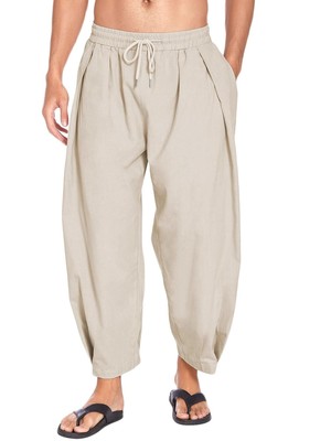 Men's Cotton Harlan Pants Casual Drawstring Capris w/ Pockets for Beach & Yoga