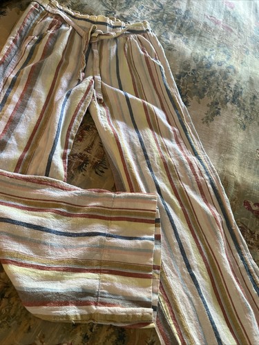 Ivory Rust Paper bag Linen Pants Wide Leg Beach Stripe Pockets Coastal M - Picture 12 of 12